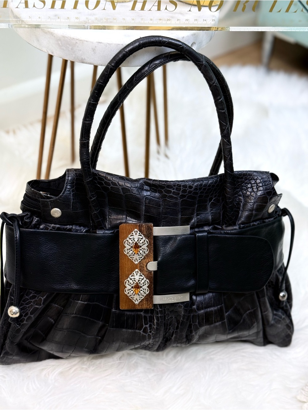 Rare Archival Renato Angi Venezia Croc Leather‎ Bag/Wood & Amber Buckle/Archival